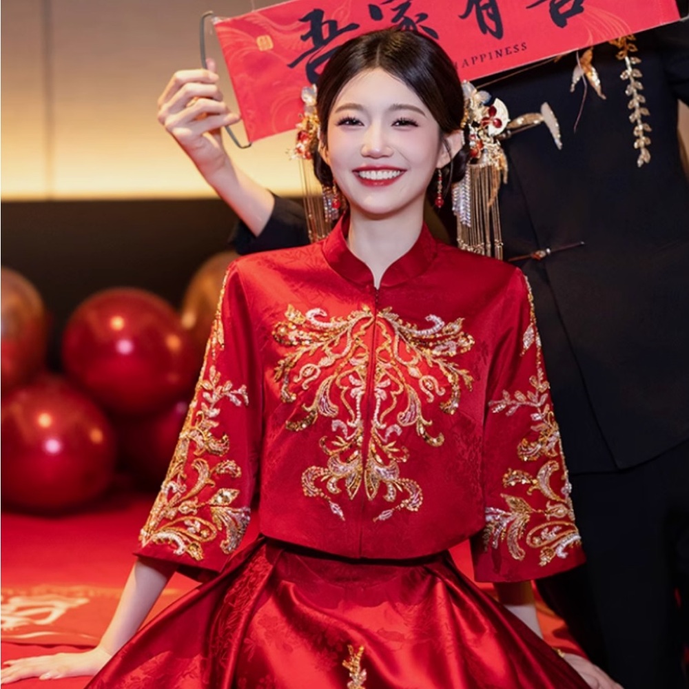 Red Chinese Qipao Cheongsam Tea Ceremony Bridal Wedding Two Piece Dress & Jacket